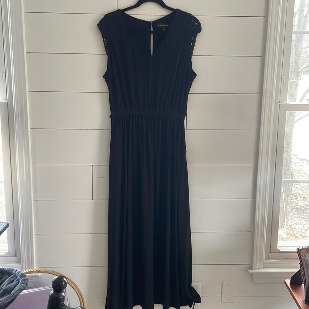 NWT Lane Bryant Long V-Neck Tie Waist Lace Shoulder Tank Dress Black 18/20 #0122